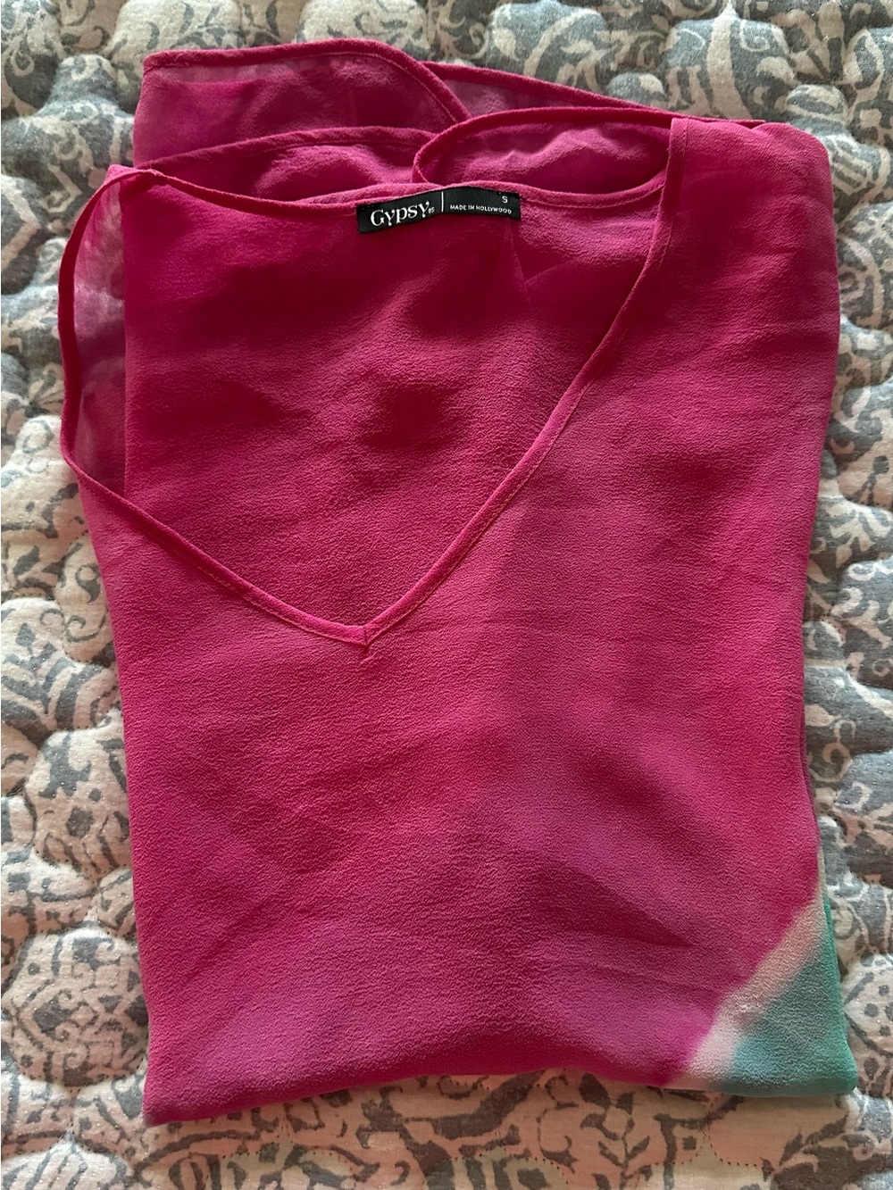 Gypsy 05 100% silk oversized tunic, pink with turquoise accent, women’s s S - Picture 7 of 8